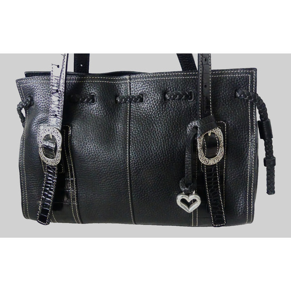 BRIGHTON Black Pebble Leather Shoulder Bag Tote Filigree Buckle Satchel SW Liner - Picture 2 of 16